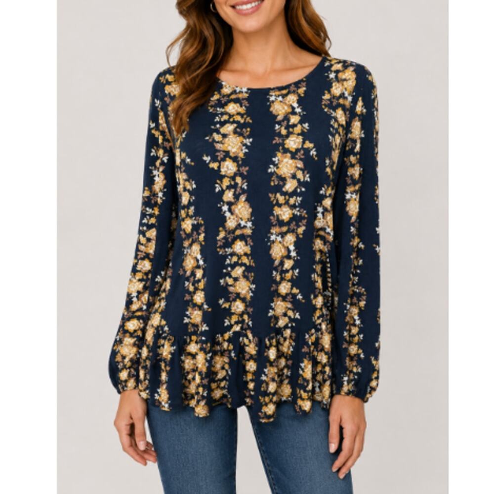 New Lucky Brand Women's Fallcore Modal Blue Floral Long Sleeve Peplum Top Size L